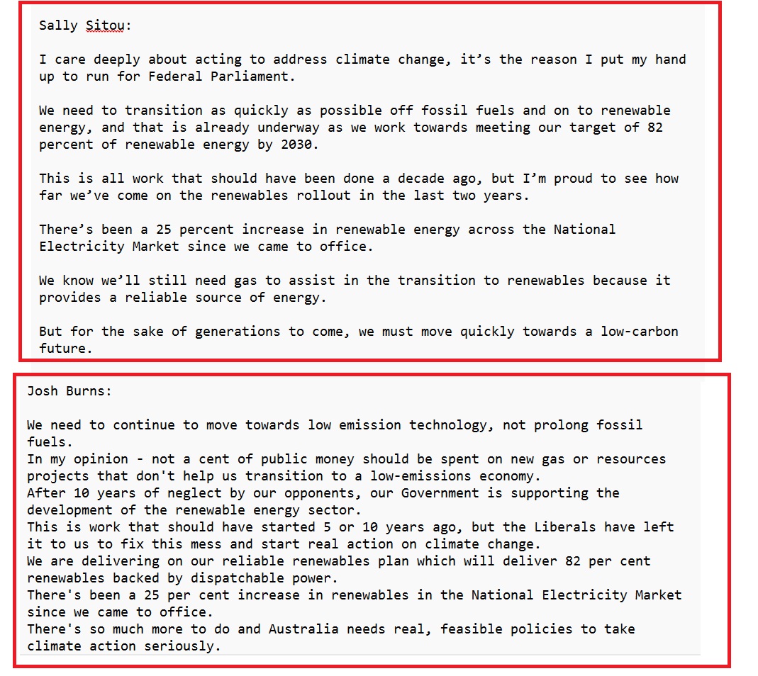 Inner urban Federal Labor MPs Josh Burns @joshburnsmp (Macnamara - Melb) and Sally Sitou @SallySitou (Reid - Syd) suspiciously issuing very similar worded statements to the gas announcement. I took the liberty of using a text comparision tool. Similarity is 88% #auspol