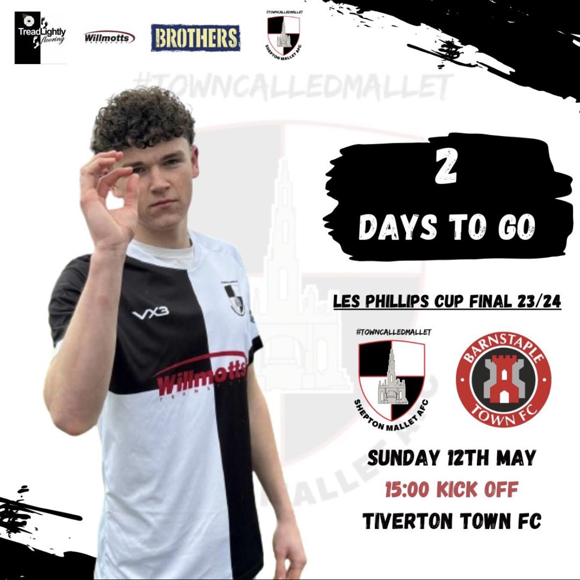 ⏰2 days to go⏰ ⚽️@TSWesternLeague Les Philips Cup Final 🤝v @Official_BTFC 🗓️12 May ⌚️ 3pm 📍 @tivertontownfc - EX16 6SG 🍻Bar open from 12:00 💴 💳 Card and Cash accepted throughout the club #towncalledmallet