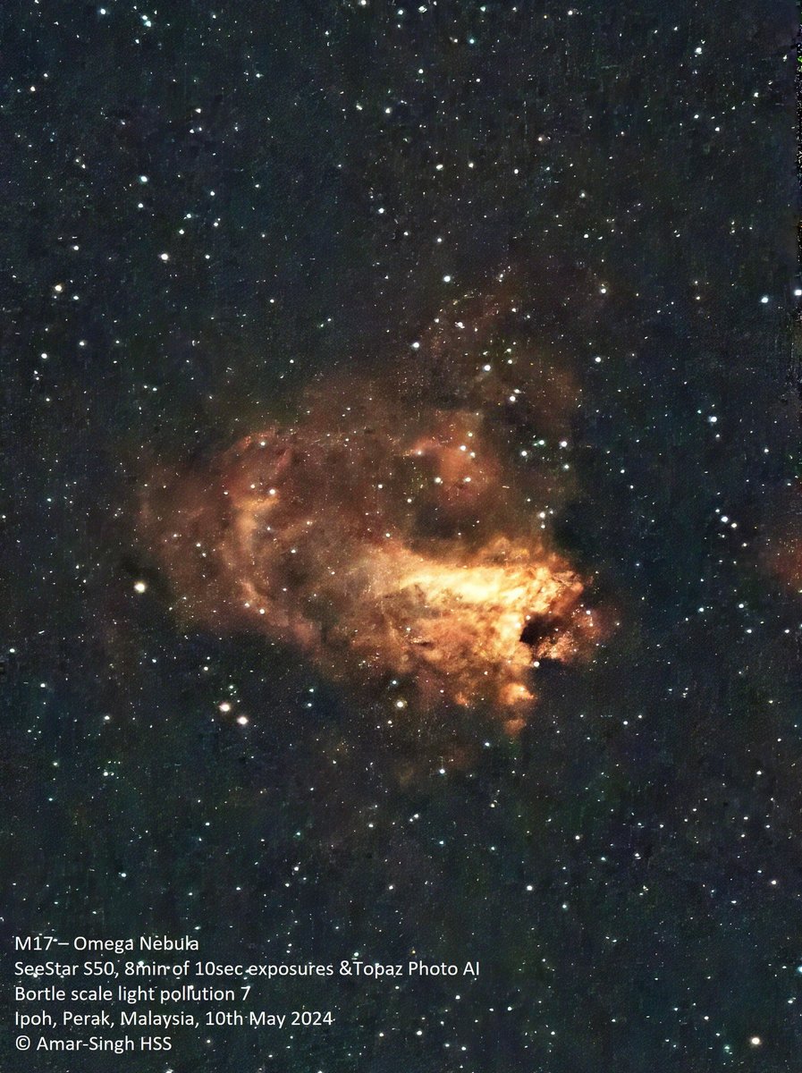 Omega Nebula (M17) in the constellation Sagittarius. Between 5-6,000 light-years from Earth & spans 15 light-years in diameter. The total mass of Omega Nebula is ~800 solar masses. #Seestar S50 #Ipoh #Perak #Malaysia #Astronomy @zwoastro @Seestar_astro @dark_malaysia