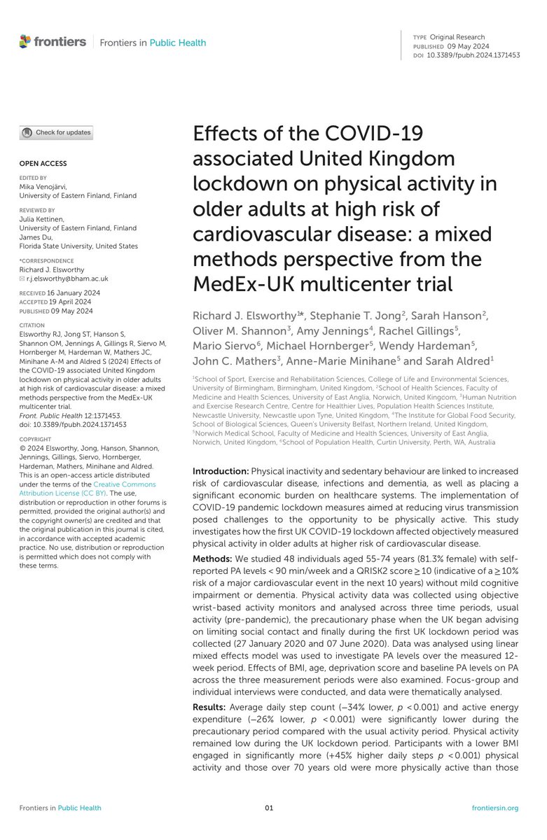 Great to see this new paper, led by Dr. Richard Elsworthy from @unibirmingham out ⭐️Highlights⭐️ ⌚️Objectively measured physical activity data 🗣️Focus groups 🧩Mixed methods perspective on how UK COVID-19 lockdown influenced activity levels 🔗: frontiersin.org/journals/publi…