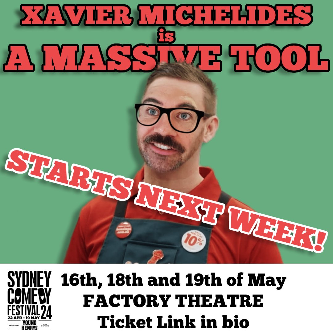XavMichelides's tweet image. Sydney Comedy Festival show starts next week! 16th, 18th and 19th of May. Brisbane sold out last weekend! Plus now I have a proper Bunnings Apron.
Grab your tickets here: sydneycomedyfest.com.au/event/xavier-m…
