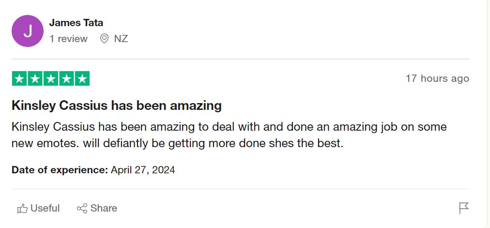KinsleyCassius's tweet photo. 🌟 Feeling grateful for this amazing review from James Tata on Trustpilot! 🙌 It's an honor to create emotes that bring joy to your stream. Check out the review and more of my work on Twitch: https://t.co/ruR4ensLf5! 🎨🎮

 #ClientLove #EmoteMagic #twitchstreamers https://t.co/lQGRYqOof7