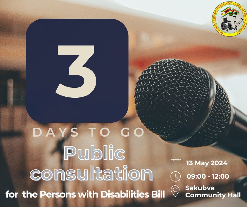 QUAPAZ1's tweet photo. #Countdown to the Persons with Disabilities Bill public consultation.  Remember your voice matters.#DisabilityBill #Inclusivity #EqualZimbabwe #3daystogo https://t.co/N341bhcJTy