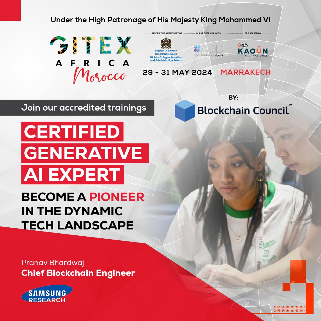 💡 Sign in now for the Certified Generative AI Expert™ Training by Blockchain Council at GITEX AFRICA 29-31 May, an immersive learning experience in the rapidly evolving domain of generative Artificial Intelligence.
