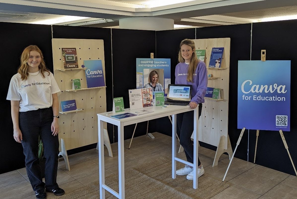 Today we're at @ICTforEducation with @CanvaEdu! Empowering educators to create engaging & efficient lessons and resources with FREE design tools 👋 Come say hi & discover how @canva can transform your classroom! #CanvaEdu