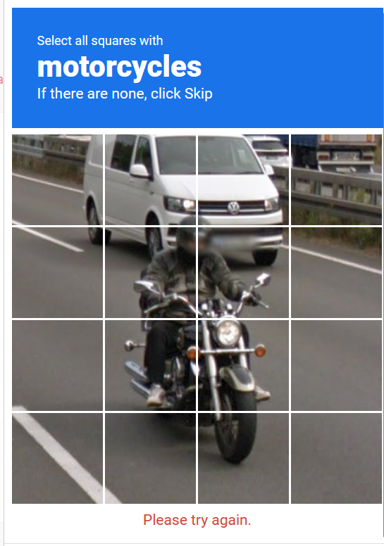 theteddymack's tweet photo. It is far too early in the day for me to be having ontological beef with captchas over how much of a motorbike must be in a square to count as "containing" a motorbike. Half a wheel? A single mirror? Does the rider count? Frankly none of the squares contain motorcycleS https://t.co/HCQ9yHCXYP