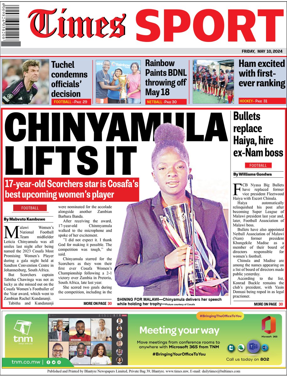 #TheDailyTimes back page: Malawi Women’s National Football Team midfielder Leticia Chinyamula was all smiles last night after being named the 2023 Cosafa Most Promising Women’s Player during a gala night held at Sandton Convention Centre in Johannesburg, South Africa.