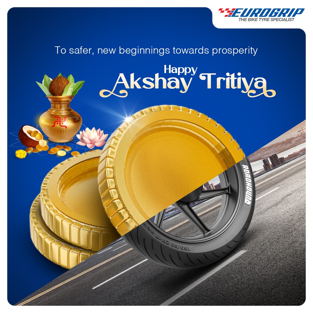 May every turn of every new journey bring you closer to prosperity and joy. Eurogrip Tyres wishes you a very happy and safe Akshay Tritiya! #AkshayTritiya #SafeJourneysAhead #Eurogrip #TVSEurogrip #TheBikeTyreSpecialist #TameTheTurns