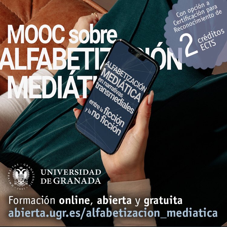 Proyecto FicTrans (@transmedia_ugr) on Twitter photo Ya puedes inscribirte en el MOOC "Alfabetización mediática en narrativas transmediales: entre la ficción y la no ficción"
Un curso online y gratuito creado por el equipo de <a href="/Transmedia_UGR/">Proyecto FicTrans</a> en colaboración con <a href="/ceprud_ugr/">ceprud</a> para <a href="/abiertaUGR/">abiertaUGR</a> <a href="/CanalUGR/">Universidad Granada</a>
Info: abierta.ugr.es/course/view.ph… Ya puedes inscribirte en el MOOC "Alfabetización mediática en narrativas transmediales: entre la ficción y la no ficción"
Un curso online y gratuito creado por el equipo de <a href="/Transmedia_UGR/">Proyecto FicTrans</a> en colaboración con <a href="/ceprud_ugr/">ceprud</a> para <a href="/abiertaUGR/">abiertaUGR</a> <a href="/CanalUGR/">Universidad Granada</a>
Info: abierta.ugr.es/course/view.ph…