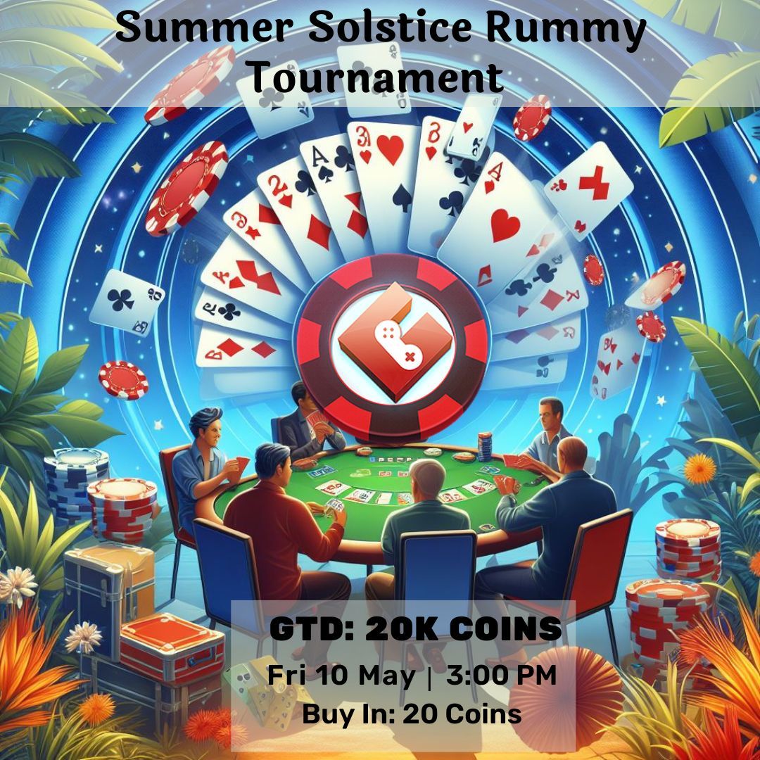 Join the Gamentio #SummerSolstice #rummytournament today at 3 PM! Compete for a 20K coin prize pool. Limited spots available, secure your spot now! bit.ly/2QzKs81 Play card games online for a chance to win big. 🃏💰 #onlinecasino #gaming #rummyonline #casino #Gamentio