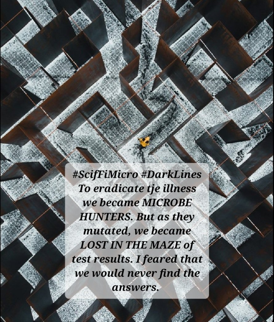 #ScifFiMicro #DarkLines
To eradicate tje illness we became MICROBE HUNTERS. But as they mutated, we became LOST IN THE MAZE of test results. I feared that we would never find the answers.