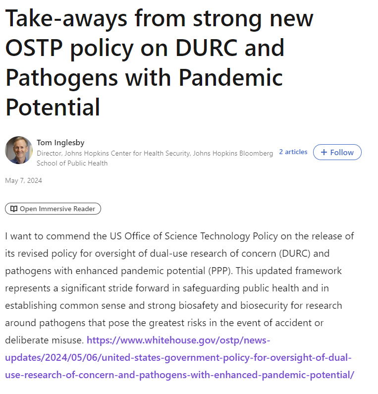 .@T_Inglesby explains why the new OSTP policy, a good example of regulatory capture, on risky bioresearch is so great⬇️

His enthusiasm makes one thing clear: 

Unless the list of 'stakeholders' includes the public/elected reps, things won't change. 

linkedin.com/pulse/take-awa…