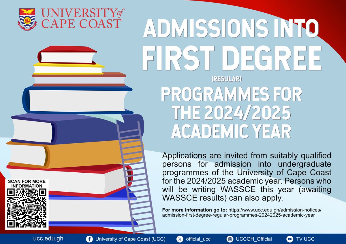Admission into First Degree (Regular) Programmes for the 2024/2025 Academic Year. Visit: ucc.edu.gh/admission-noti… UCC: University of Competitive Choice