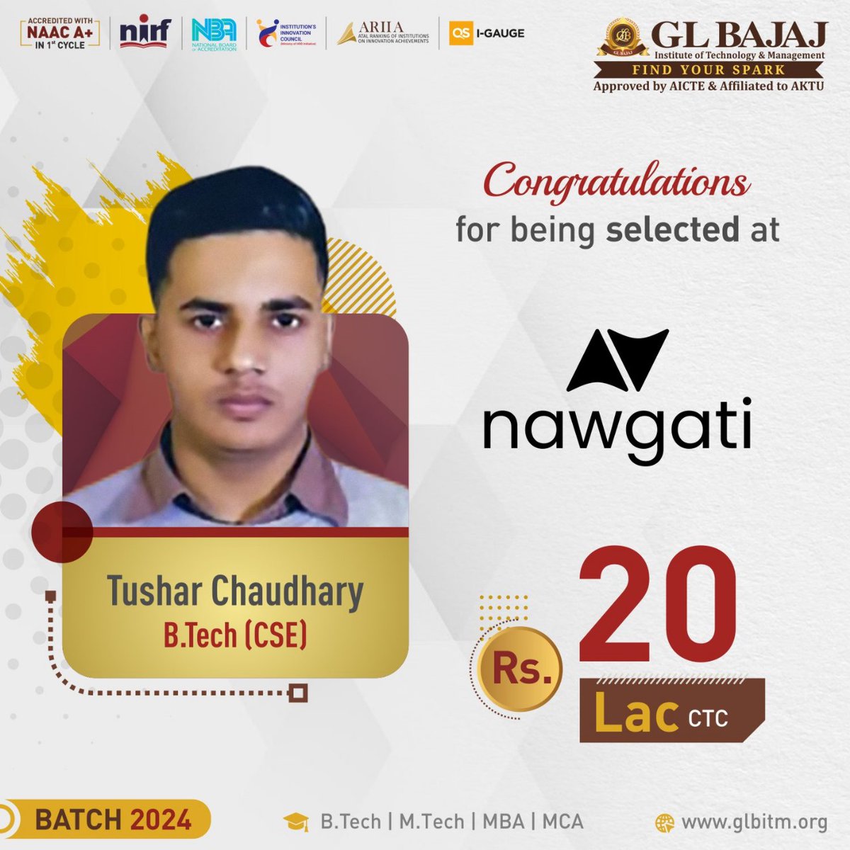 Outstanding #student of B.Tech (CSE) Tushar Chaudhary, Batch 2024 of #GLBajaj (GLBITM) has secured a spectacular #placement from campus recruitment at Nawgati at a dream package of Rs. 20 Lac CTC.
#GLBITM #campusplacement #studentplacement #Dreampackage #btech