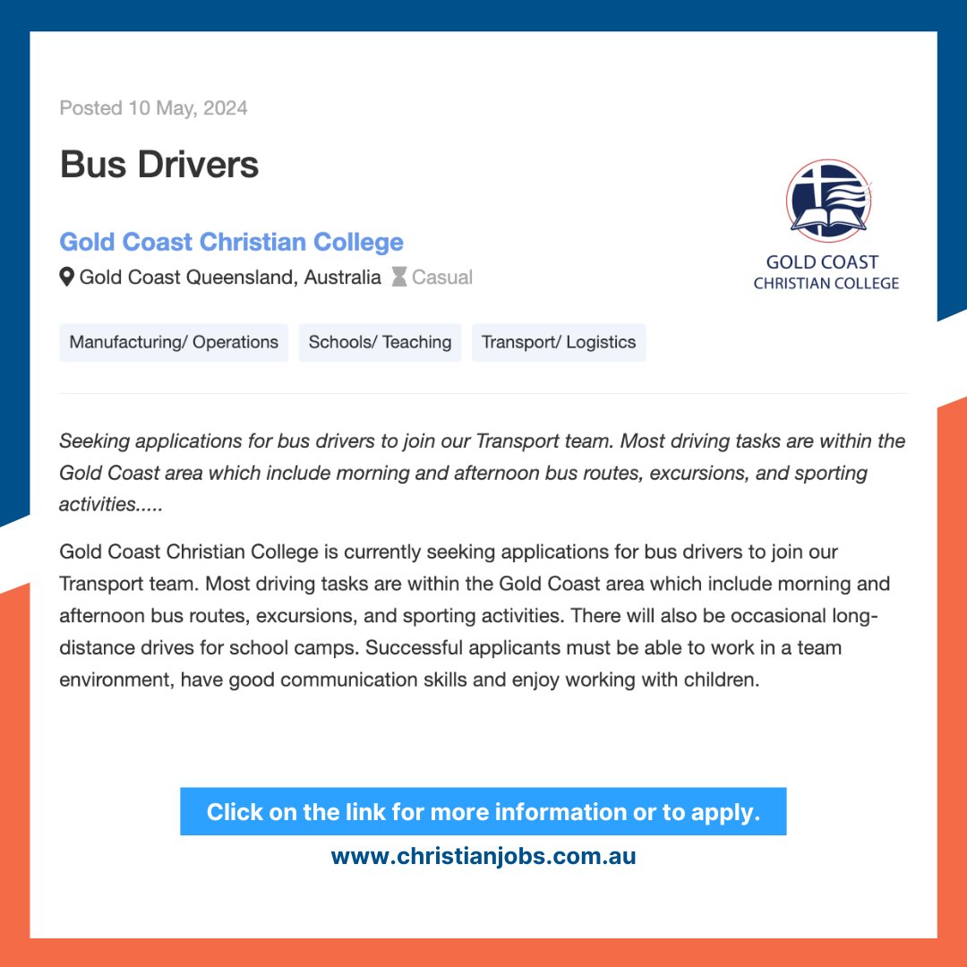 FEATURED JOB For further information, click here ow.ly/YlQz50RB4Lj #ChristianjobsAustralia #ChristianJobsAU #ChristianCareers #AussieChristians #ChristiansAustralia #Schooljobs #Busdriver #BusDriverJobs #Christians