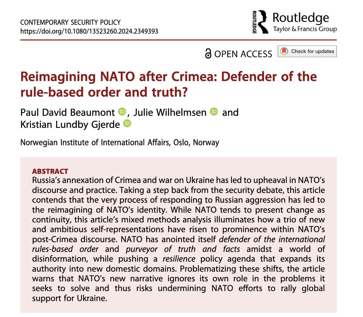 Publication Alert 🐳! How has NATO’s narrative of the self changed since Russia’s annexation of Crimea? Is the new narrative fit for purpose or does it undermine NATO's own stated goals? Our new piece in @CSP_journal tackles these questions. A short 🧵on this long article 👇