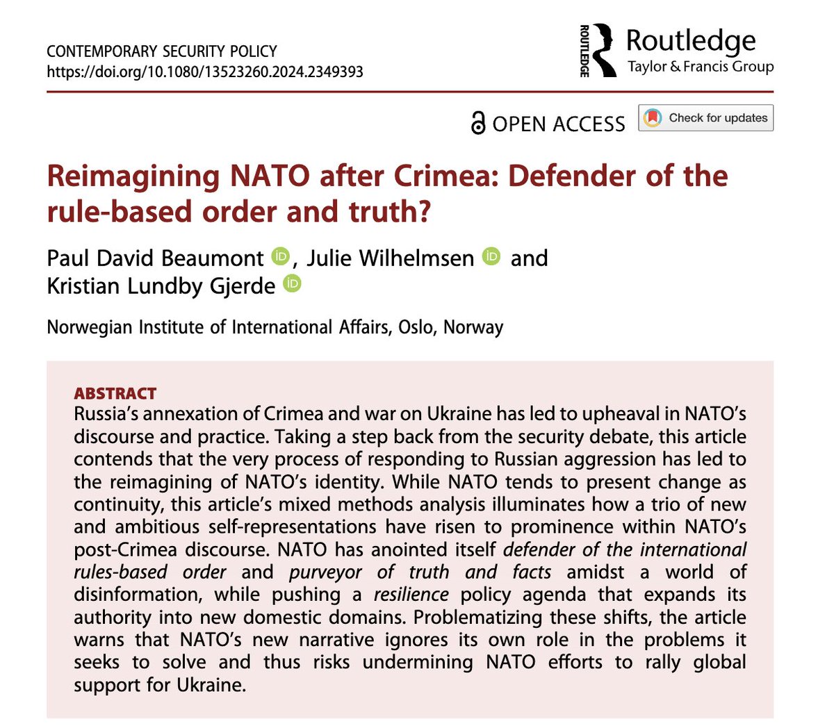 Paul Beaumont (@beaumontpaul) on Twitter photo Publication Alert 🐳!
How has NATO’s narrative of the self changed since Russia’s annexation of Crimea?
Is the new narrative fit for purpose or does it undermine NATO's own stated goals?
Our new piece in <a href="/CSP_journal/">CSP Journal</a> tackles these questions. A short 🧵on this long article 👇 Publication Alert 🐳!
How has NATO’s narrative of the self changed since Russia’s annexation of Crimea?
Is the new narrative fit for purpose or does it undermine NATO's own stated goals?
Our new piece in <a href="/CSP_journal/">CSP Journal</a> tackles these questions. A short 🧵on this long article 👇