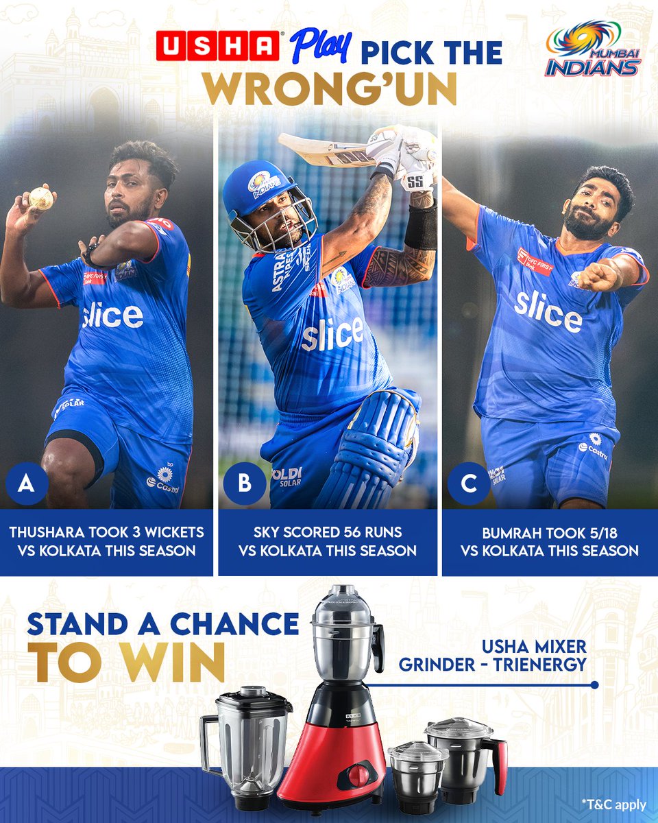 Spot the incorrect stat & bag the prize! 🎁 Tell us which of the three statements is the 𝐖𝐫𝐨𝐧𝐠'𝐔𝐧 👇 & stand a chance to win @UshaPlay Mixer Grinder - Trienergy 🌀 Read the T&C here! 👉 bit.ly/USHAContest #MumbaiMeriJaan #MumbaiIndians
