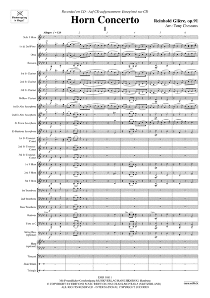 Compuesto en 1951, este Concierto para trompa es el resultado de un encargo a Glière de parte de Polekh, quien ensayaba con el compositor el ballet 'El jinete de bronce'. La obra se estructura en tres movimientos y su interpretación requiere de la trompa de clavijas.