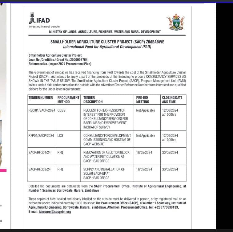 Calling on prospective  suppliers  for the following items. @MoLAFWRD_Zim @sirpzim