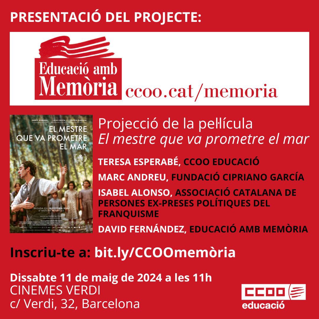 Aquest dissabte, matinal de reflexió sobre memòria democràtica als cines Verdi amb @ccoocatalunya @CCOOeducacio @FundCipriGarcia i la gran pel•lícula ‘El mestre que va prometre el mar’