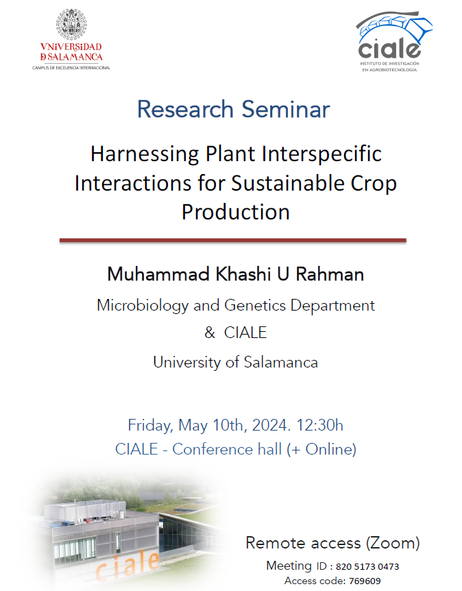 AgriEnvironCyL's tweet photo. ¡Hoy tenemos seminario en el @CIALE_USAL!

👨‍🔬Muhammad Khashi U Rahman (@usal)
📜"Harnessing Plant Interspecific Interactions for Sustainable Crop Production"

⌚️12:30
📍Salón de actos. /💻Zoom: https://t.co/vIKzW01Jve https://t.co/T4Z9b8AReA