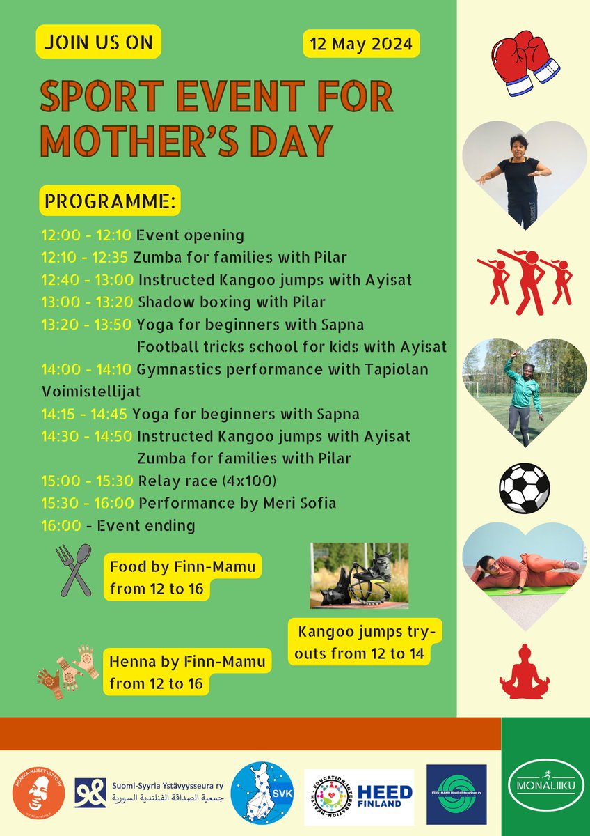 ✨ Äitienpäivän urheilutapahtuman tarkempi aikataulu on julkaistu!

✨ The detailed schedule for Sport Event for Mother´s Day is out!

🌞 Looking forward to see you there and do not forget to invite your families and friends!

#MothersDay #Helsinki #Espoo #Finland #monaliiku
