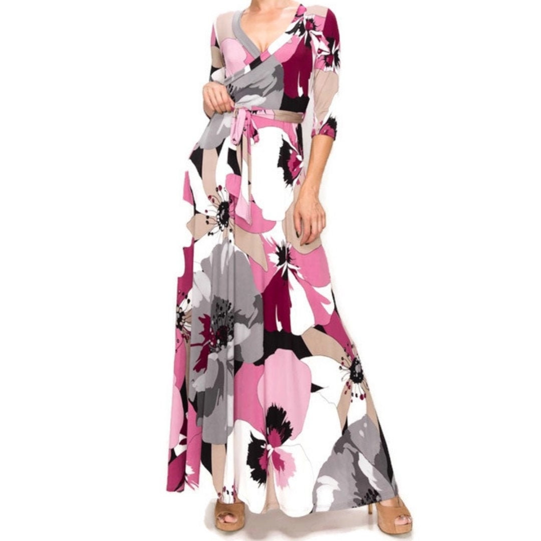 Purple Gray Florals Faux Wrap Maxi Dress tuppu.net/6ee4ce33 #womenfashion #janettefashion #smallbusiness #wedding #bridesmaid #maxidress #jumpsuits #plussizefashion #VenechiaFashion