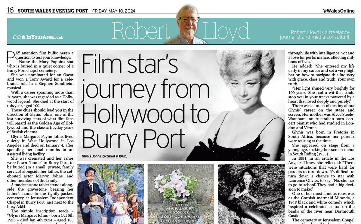 This chap @rlloydpr has his weekly column in the South Wales Evening Post today. This week, he’s explaining why a Hollywood legend has been buried 'back home' in Burry Port. #Swansea #Llanelli #Neath #PortTalbot #Gorseinon #Carmarthen #SupportYourLocalPaper #buyapaper