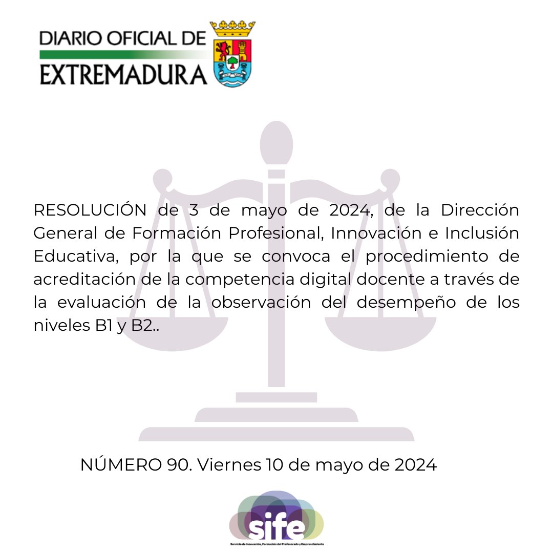 RESOLUCIÓN de 3 de mayo de 2024, de la Dirección General de FP, Innov e Inclus Educ, por la que se convoca el procedimiento de acreditación de la CDD  a través de la evaluación de la observación del desempeño de los niveles B1 y B2. doe.juntaex.es/pdfs/doe/2024/…