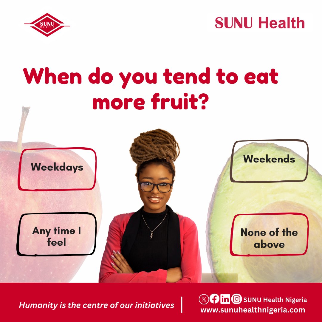 Friday feels and looks good! You may want to attempt today's trivia. When do you tend to eat more fruit? 🍓 🍌 🍎 🍇 🍒 🍉 🥭 - Weekdays - Weekends - Any time the feeling comes - None of the above Use the comment section to share your response. #sunuhealthnigeria #HMO