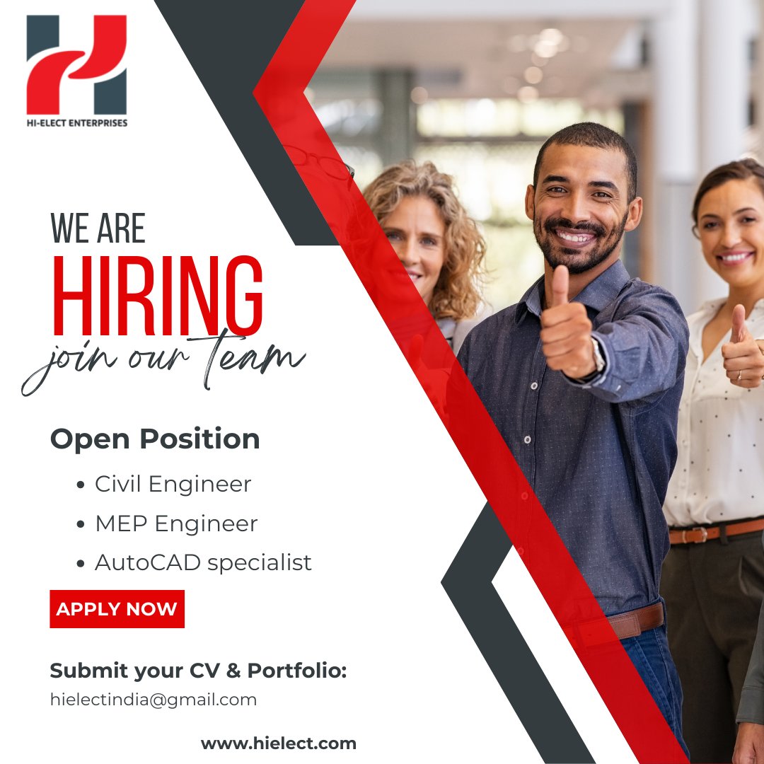 hi_elect's tweet photo. Urgent hiring!!!! Apply Now!!!!!
#engineer #civilengineering #construction #job #career #joboppourtunity #jobvacancy #jobvacancyindia #civiljob #civiljobs https://t.co/N65SXqY4V8