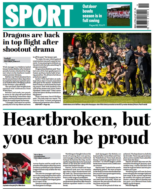 Three Sussex football teams promoted through play-offs in the past seven days and @ChiCityFC @eastbournetfc & @wick_club are all on their local papers' back pages. Thanks to the writers and photographers who have helped us cover them!