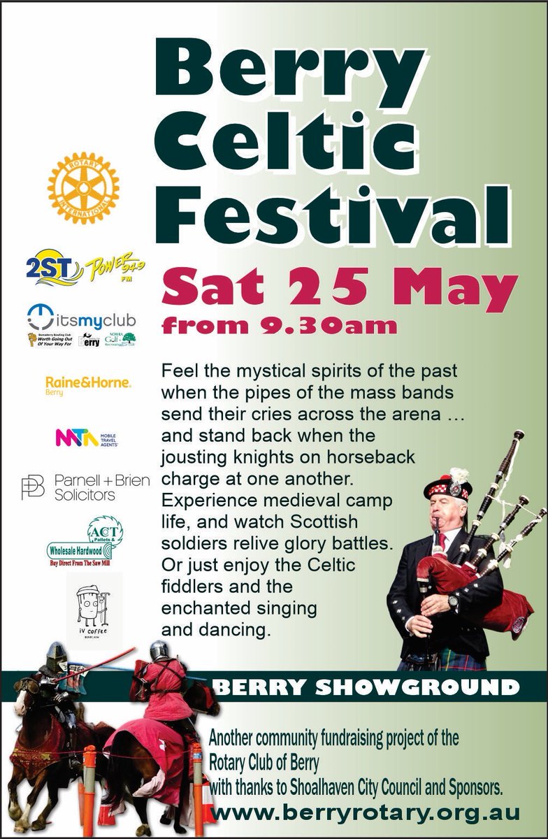 Mark your diary to #GetYourCeltOn at the 2024 Berry Celtic Festival
Details👉 berryrotary.org.au
#BerryCelticFestival #CelticFestival #CelticMusic #ScottishBanner #FindTheCeltInYou #Festival #ScotSpirit #GatherTheClan #GetYourKiltOn