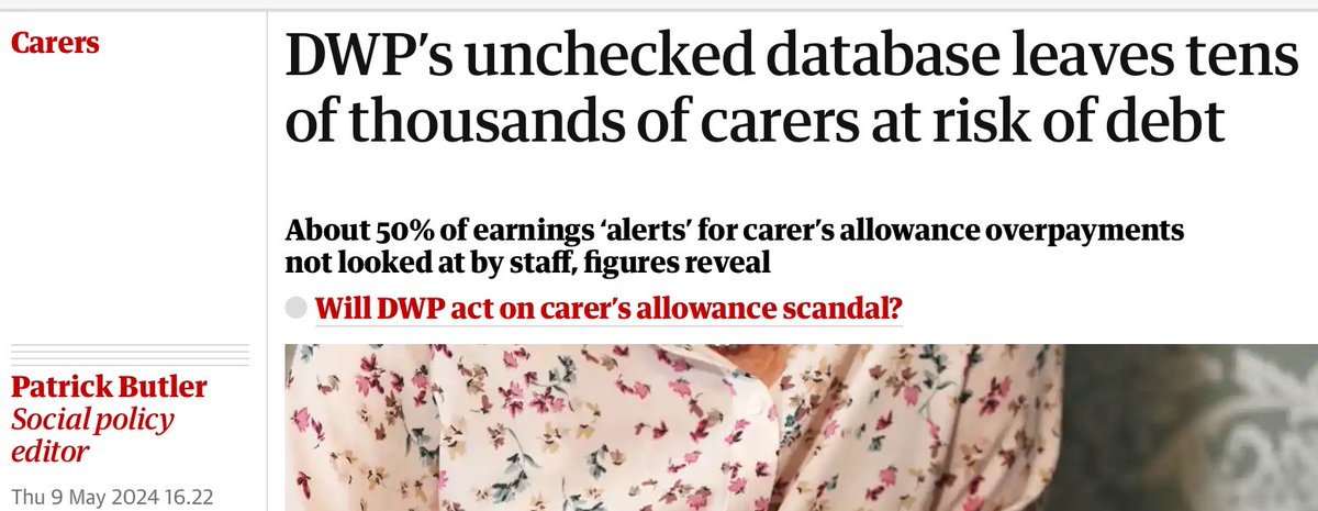 The @DWPgovuk doesn’t even bother to check half the HMRC alerts that carers are earning more than the strict amount allowed leaving them at risk of later prosecution bit.ly/4byv5TQ 150,000 carers are making repayments, 11,600 owe more than £5000