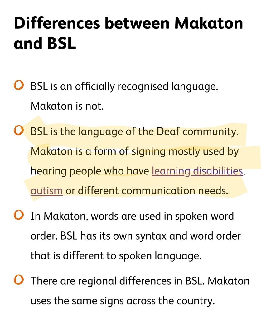 A reminder to all schools promoting #Makaton during #DeafAwarenessWeek, here’s the explanation from the Sense organisation on the differences between Makaton and #BSL and who uses which one. In short, we deaf people DO NOT use Makaton. Please do better by educating yourselves.