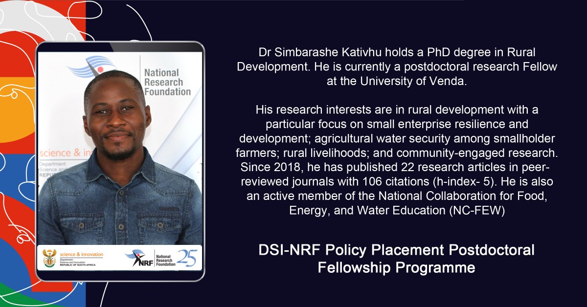 Congratulations to Dr Simbarashe Kativhu on being selected as one of the 14 Fellows for the Pilot Phase of the DSI-NRF Policy Placement Postdoctoral Fellowship Programme. 

He has already published 22 peer-reviewed research articles.