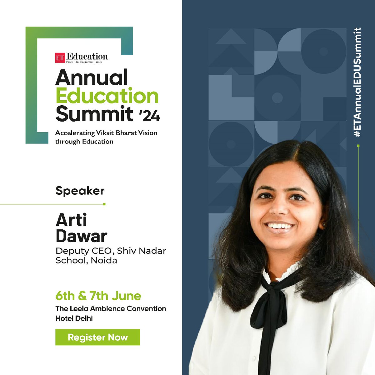 It's time to turn the spotlight on!

We're elated to welcome our speaker Arti Dawar, Deputy CEO, @ShivNadarSchool, Noida at #ETAnnualEDUSummit!

Register Now - bit.ly/3PpTQJ9

#ETEducation #Education #Summit #TechEdu #EdTech #TechInEducation #School #STEMEducation