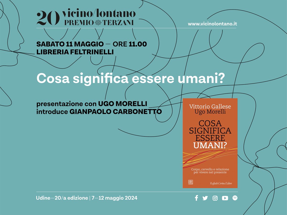 Domani 11 Maggio alle ore 11, discutiamo "Cosa significa essere umani?" scritto da ⁦⁦<a href="/GalleseVittorio/">Vittorio Gallese</a>⁩ e da me a ⁦<a href="/vicinolontano/">vicino/lontano</a>⁩ #LibreriaFeltrinelli #Udine ⁦<a href="/CortinaEditore/">Raffaello Cortina Ed</a>⁩