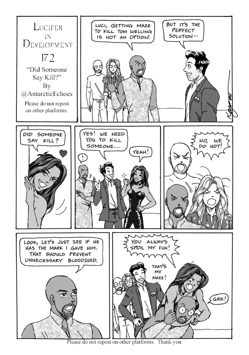 Happy Friday, everyone! It's time for another #LuciferInDevelopmentComics #FlashbackFriday! No. 172: Joe, Ildy and Amenadiel tell Dorky Luci that killing Tom Welling is not the answer, but Maze overhears the word 'kill'.... 😅😅😅 Enjoy! 💖💖💖💖💖 #LuciferNetflix #lucifer