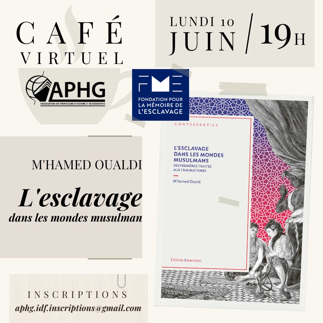 Alors que s’ouvre le Temps des mémoires, l’APHG vous propose, en partenariat avec la <a href="/fondation_me/">Fondation pour la mémoire de l'esclavage</a> trois cafés virtuels 
▶️ Le 16 mai avec Gilbert Buti
▶️ Le 29 mai avec Frédéric Régent 
▶️ Le 10 juin avec M’hamed Oualdi @oualdi_m 
▶️ Pour s’inscrire : aphg.fr/CAFES-VIRTUELS…