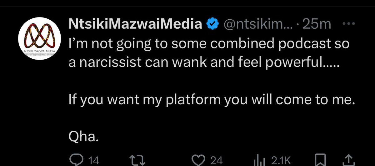 Look who is talking. A narcissist of note calling others narcissists. By the way who is Ntsiki to think CIC or any EFF leader should go to her so called podcast to do what? And right off the bat she responded because she knows that by 'PODCASTS' the CIC didn't have her in mind😂