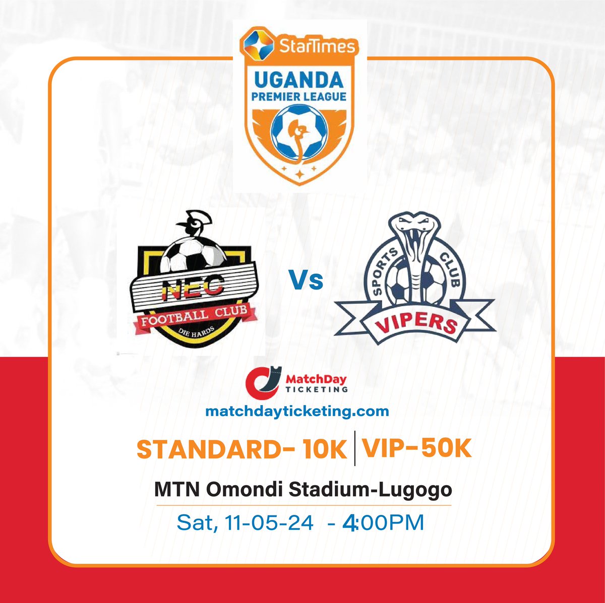 MatchdayTicket6's tweet photo. Don't miss out on the thrilling action of #TheFinalBend of @UPL

Get your tickets now at https://t.co/8pLIvZCxRp and be part of the excitement as;
@Nec_Fc takes on @VipersSC, @KitarafcHoima battles @Busogautdfc, and @OfficialMaroons clash with @BrightStarsFC 

#MatchdayTicket https://t.co/p1hLDWRuwg