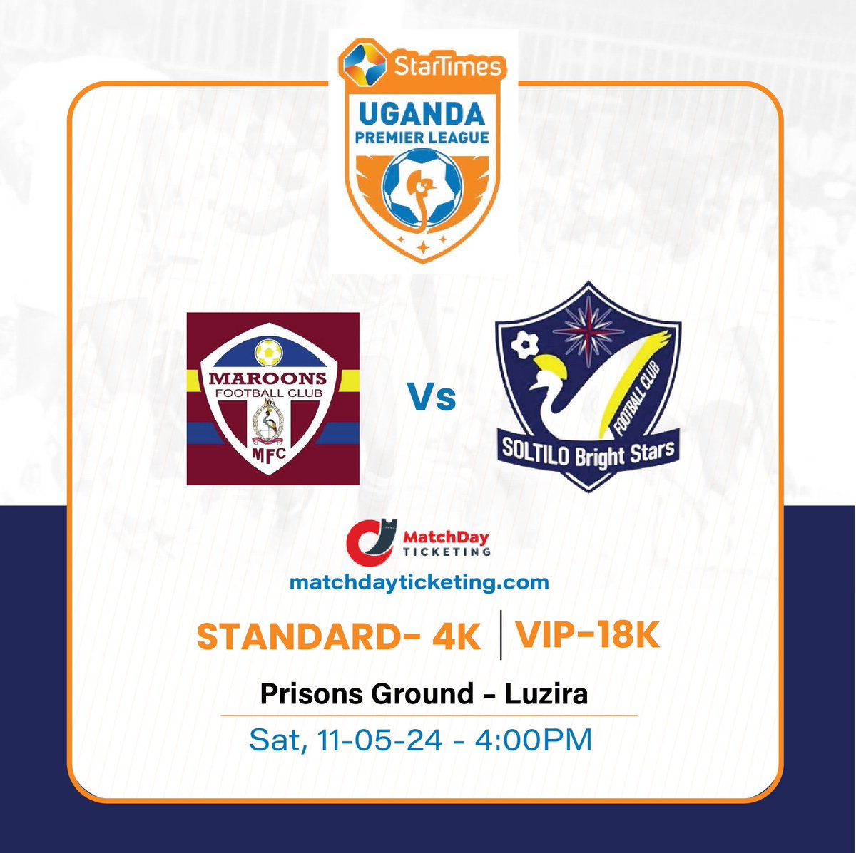 MatchdayTicket6's tweet photo. Don't miss out on the thrilling action of #TheFinalBend of @UPL

Get your tickets now at https://t.co/8pLIvZCxRp and be part of the excitement as;
@Nec_Fc takes on @VipersSC, @KitarafcHoima battles @Busogautdfc, and @OfficialMaroons clash with @BrightStarsFC 

#MatchdayTicket https://t.co/p1hLDWRuwg