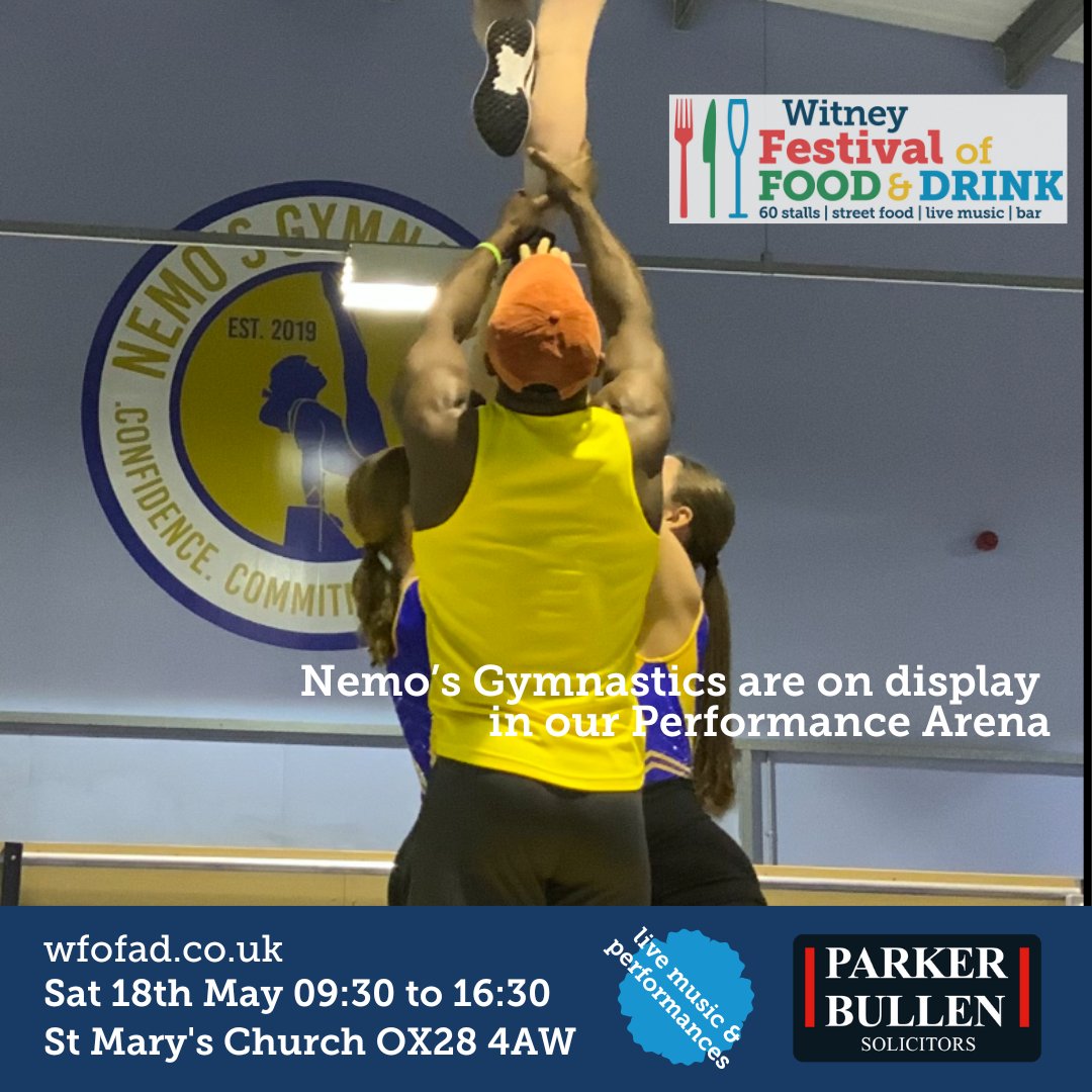 We are looking forward to Nemo's Gymnastics displaying their skills and talents in the WFOFAD Performance Arena on Church Green

Do join us at Witney Festival of Food &amp; Drink
📅 Sat 18 May 2024
⌚ 09:30 to 16:30
🏟️ St Mary's Church OX28 4AW

#FoodFestival #witney #food