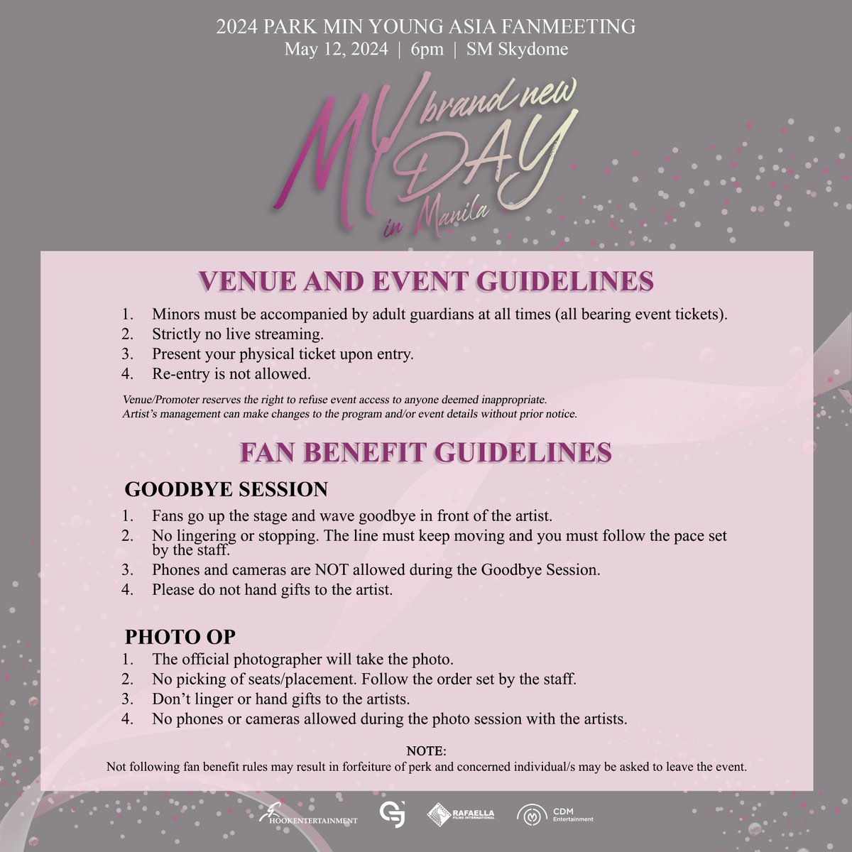 MY Beans, here are guidelines to help you prep for D-Day. Please review everything and we'll see you soon! 💌 Schedule of Activities 💌 Venue Map and Policy 💌 Prohibited Items 💌 Fan Benefit Rules How to Claim Physical Tickets in the replies 👇 #MyBrandNewDayMNL…