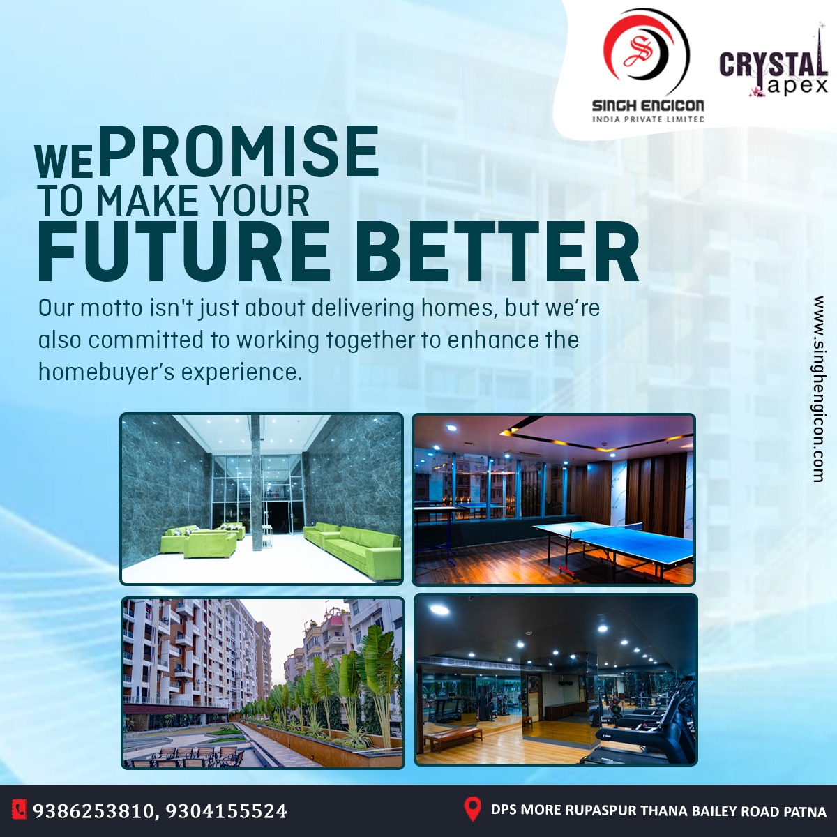 Invest in your future with confidence.

Call Us:- 9386253810, 9304155524
singhengicon.com
#Booknow  

#crystalapex #NewBeginnings #thoughtfulamenities #KidsPlayZone #FamilyFriendly #DreamLiving #flat #Apartments #property #home #singhengicon #Patna #Bihar