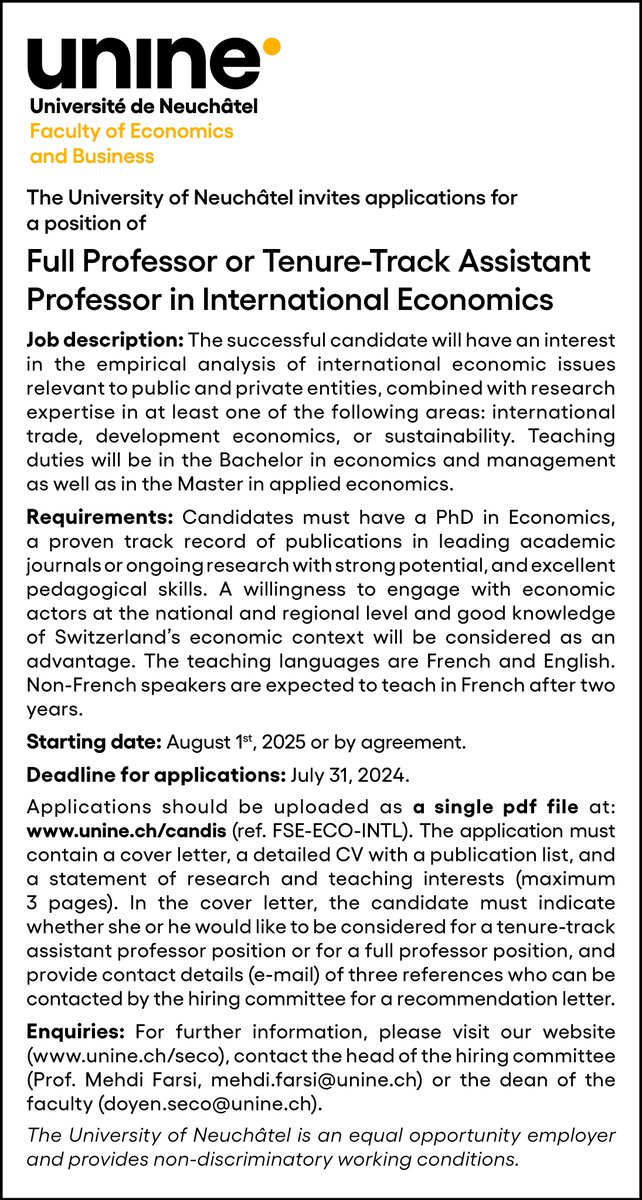 🚨ICYMI, we have an open-rank #professor position in #InternationalEconomics @UniNeuchatel

unine.ch/files/live/sit… 

#JobAlert #econtwitter