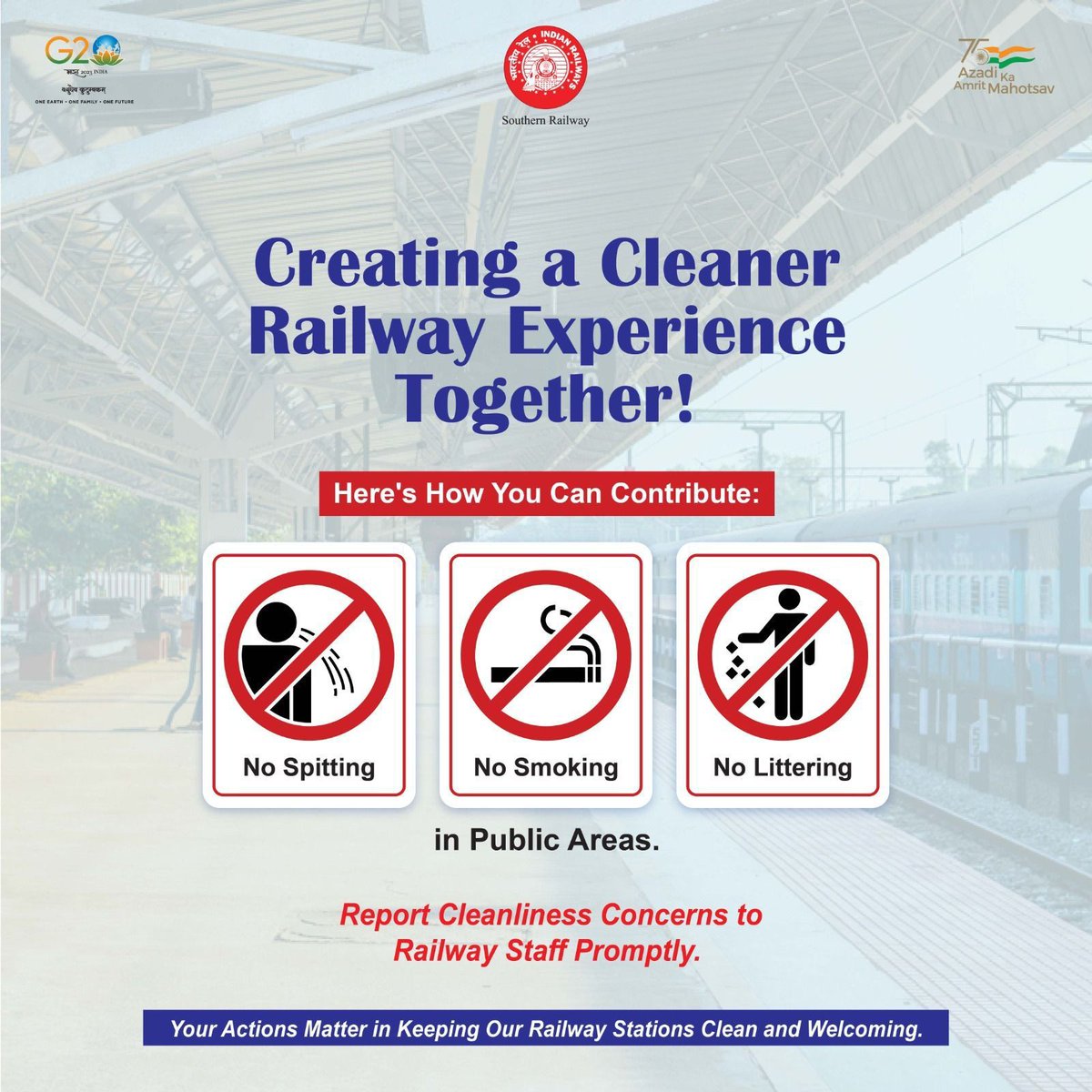 Creating a cleaner railway experience is a collective effort.

Let's join hands in keeping the station premises clean by avoid spitting, littering and smoking.

Your small actions Matter in ensuring a pleasant journey for everyone.

#Cleanliness #Safejourney #Hygiene