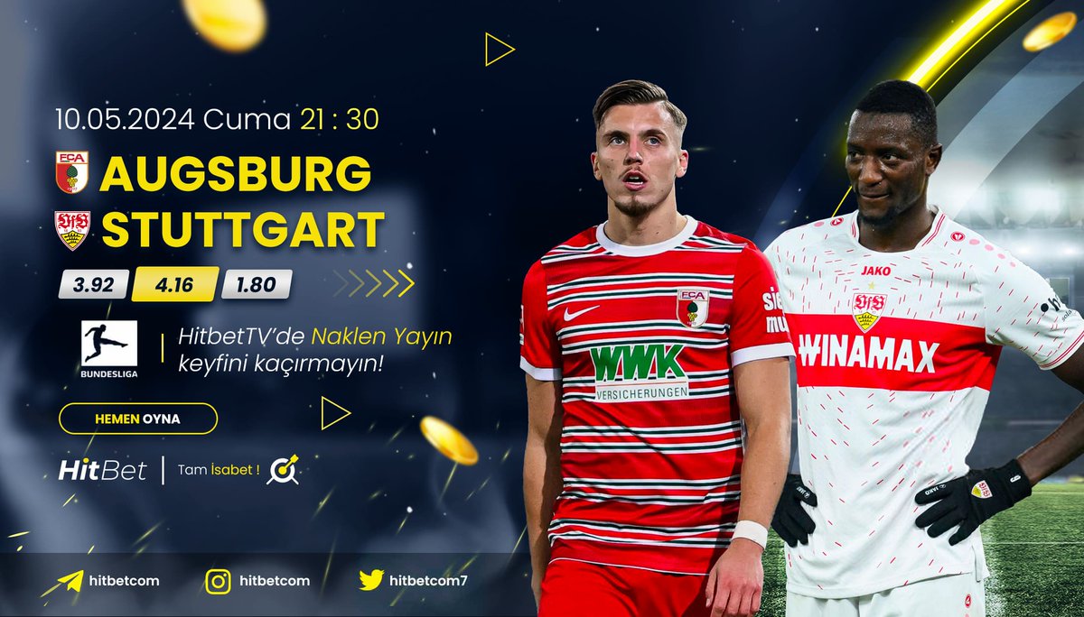 #Augsburg ⚜ #Stuttgart karşılaşması #BundesLiga heyecanı ile bu akşam saat 21:30'da #Hitbet'te! 🌐Güncel Giriş : h.t2m.io/Hitbet-Twitter 📺 Maç Yayınları : h.t2m.io/HitbetTV 🎯#Hitbet #Tamisabet
